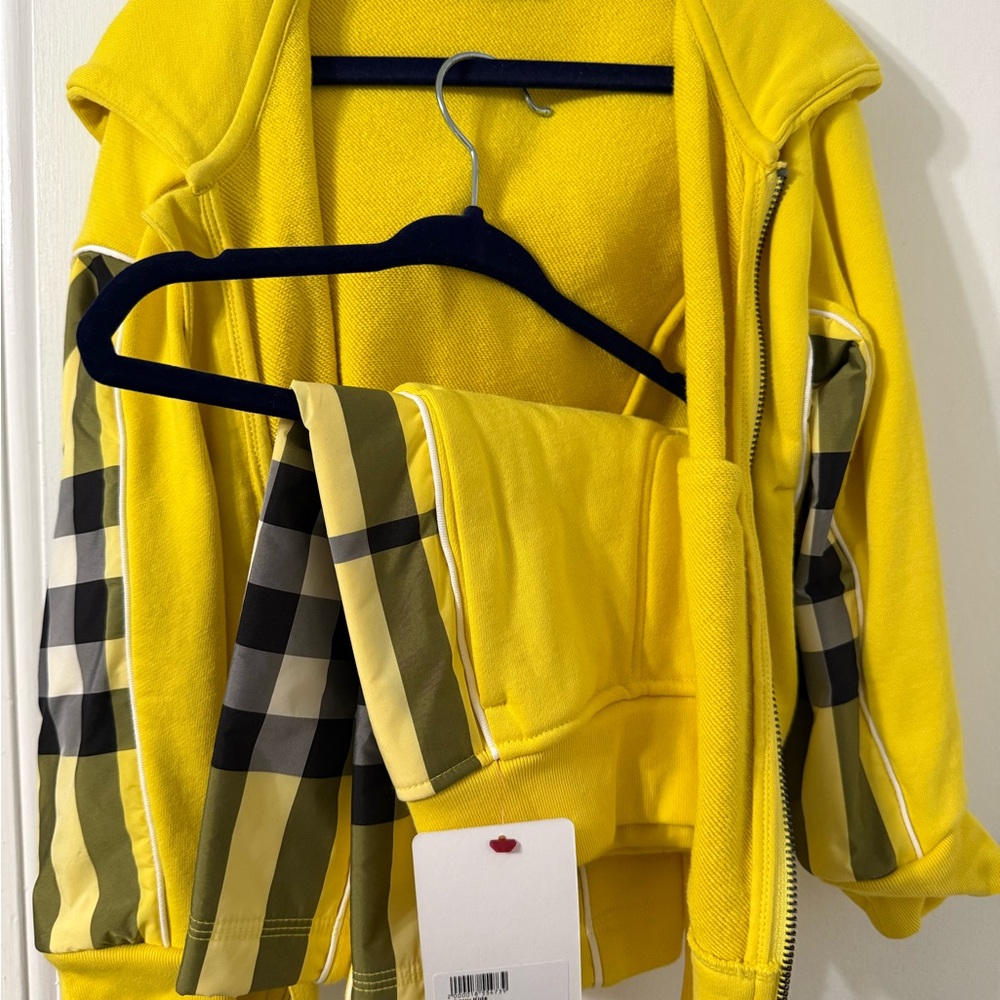 Burberry Kids Yellow Puffer with Checkered Accents- Shorts and Zip Sweatshirt